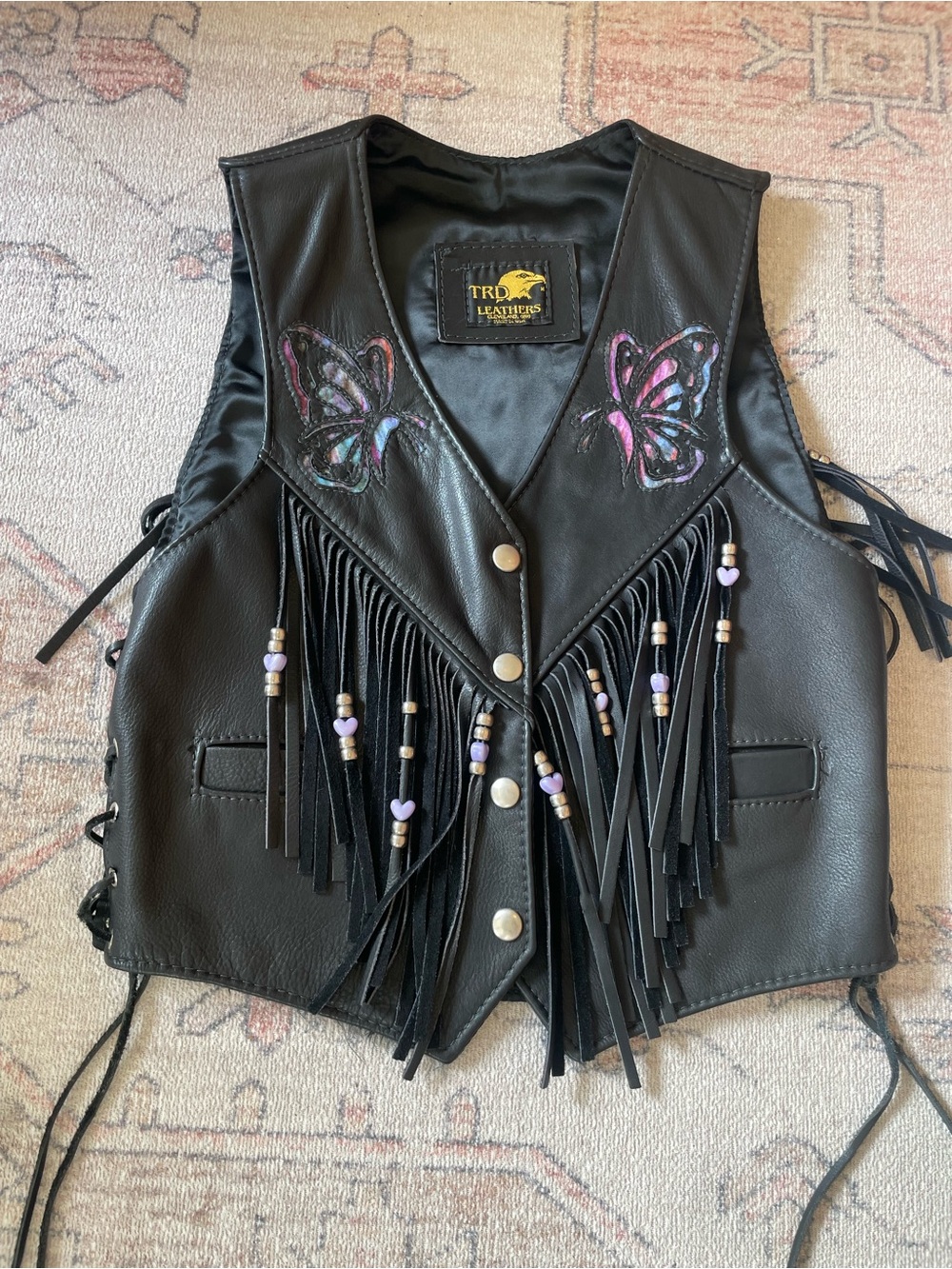 Vintage TRD Leathers Butterfly Fringe Black Leather Biker Vest Womens S/M